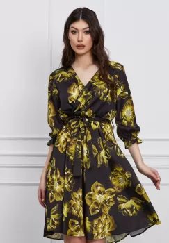 Rochie Ilona neagra cu flori verde lime si cordon in talie imagine