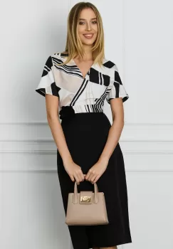 Rochie Ilona neagra cu imprimeu bej la bust si floare in talie imagine