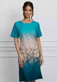Rochie Ilona turcoaz cu imprimeuri bej imagine