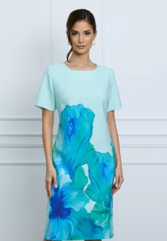 Rochie Ilona verde mint cu flori turcoaz imagine