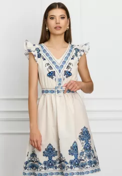 Rochie Ina ivory cu imprimeuri albastru si curea in talie imagine