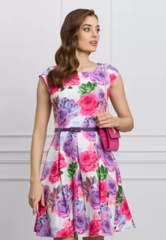 Rochie Irene alba cu trandafiri fucsia-mov si curea in talie imagine