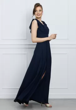 Rochie Irene bleumarin lunga cu volane pe umeri imagine