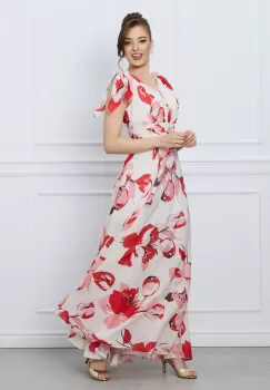Rochie Irene ivory lunga cu flori rosii si volane pe umeri imagine