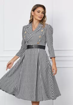 Rochie Iris alba cu imprimeu petit si curea in talie imagine