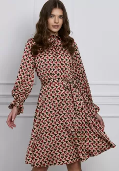 Rochie Iris bej din satin cu imprimeuri bordo si negre imagine