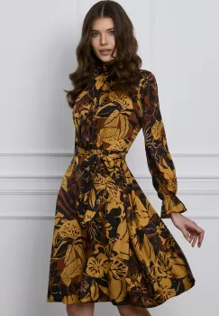 Rochie Iris maro din satin cu imprimeu galben mustar imagine