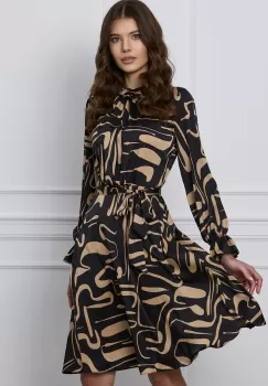 Rochie Iris neagra din satin cu imprimeu bej imagine