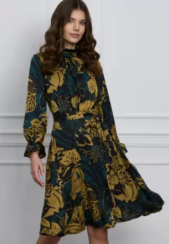 Rochie Iris verde din satin cu imprimeuri galben mustar imagine