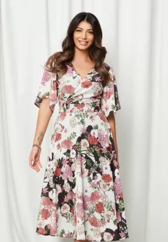 Rochie Isaura ivory cu imprimeu florale roz imagine