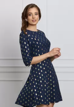 Rochie Iselin bleumarin cu imprimeu auriu si maneci trei sferturi imagine