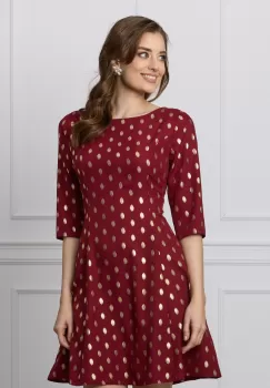 Rochie Iselin bordo cu imprimeu auriu si maneci trei sferturi imagine