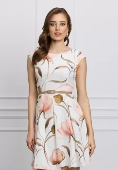 Rochie Iseline alba cu magnolie peach si curea in talie imagine