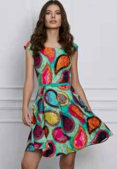 Rochie Iseline verde cu imprimeu mandala colorat si curea in talie imagine