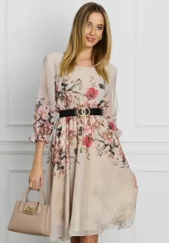 Rochie Iulia bej cu imprimeuri florale si curea in talie imagine