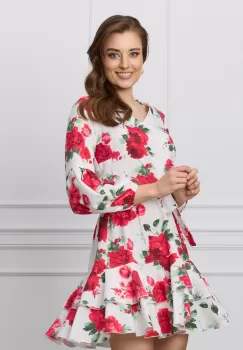 Rochie Iuliana alba cu flori rosii si cordon in talie imagine