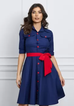 Rochie Ivona bleumarin cu nasturi si cordon in talie imagine