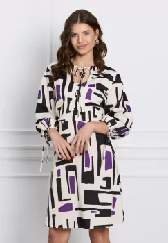Rochie Ivonne ivory cu imprimeuri negre si mov imagine