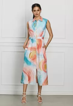 Rochie Ivonne turcoaz cu imprimeu orange si fermoar imagine