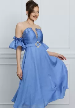 Rochie Izabela albastra cu strasuri la bust si curea in talie imagine