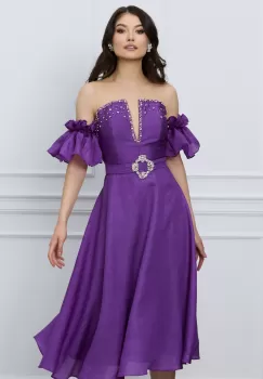 Rochie Izabela mov cu strasuri la bust si curea in talie imagine