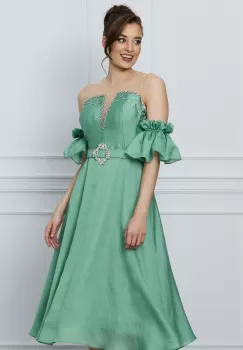Rochie Izabela verde cu strasuri la bust si curea in talie imagine