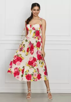 Rochie Jessie ivory cu imprimeuri florale fucsia imagine