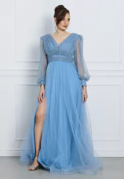 Rochie Julie lunga bleu din tull cu strasuri la bust imagine