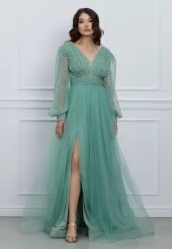 Rochie Julie lunga verde menta din tull cu strasuri la bust imagine