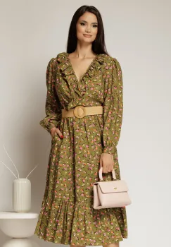 Rochie kaki din stofa cu imprimeu floral si curea in talie imagine
