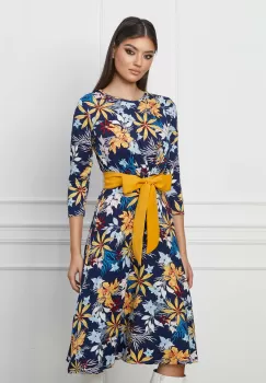 Rochie Karina bleumarin cu imprimeuri galbene si cordon in talie imagine