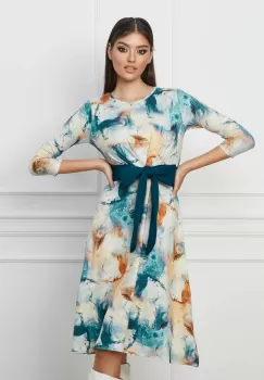 Rochie Karina ivory cu imprimeuri turcoaz si cordon in talie imagine