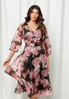 Rochie Katerina neagra cu imprimeuri roz imagine