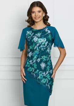 Rochie Konstantina turcoaz cu broderie si maneci din voal imagine