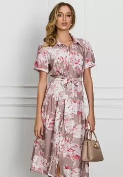 Rochie LaDonna maro cu imprimeuri florale roz si cordon in talie imagine