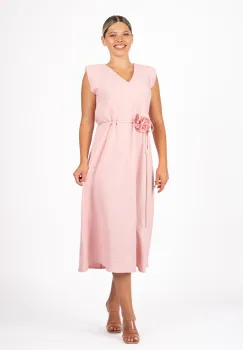 Rochie LaDonna roz cu cordon si floare in talie imagine