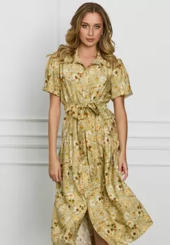 Rochie LaDonna verde cu imprimeuri florale galbene si cordon in talie imagine