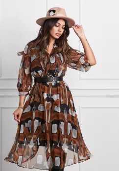 Rochie Larisa maro cu imprimeuri albe si curea in talie imagine