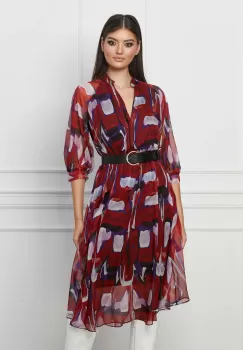 Rochie Larisa rosie cu imprimeuri mov si curea in talie imagine