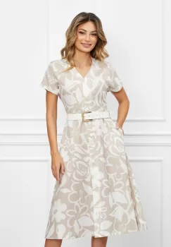 Rochie Larry bej cu imprimeu si curea in talie imagine