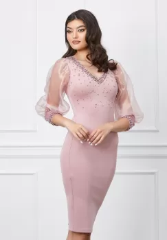 Rochie Laura roz din neopren cu perlute si maneci din organza imagine