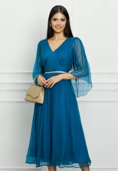 Rochie Leonard Collection albastru petrol din matase cu banda aurie in talie imagine