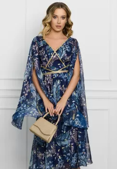 Rochie Leonard Collection bleumarin cu imprimeu si insertii aurii imagine