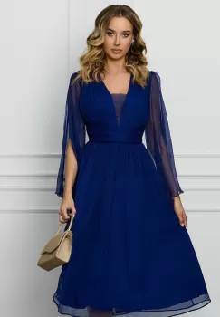 Rochie Leonard Collection bleumarin din matase cu decupaje la maneci imagine