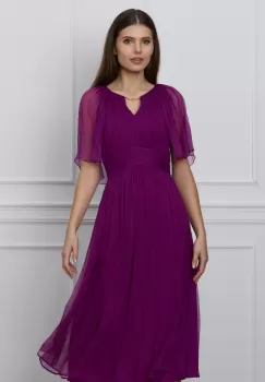 Rochie Leonard Collection magenta din matase naturala cu maneci scurte cu decupaj imagine