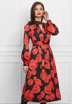 Rochie Leonard Collection neagra cu imprimeuri florale rosii imagine