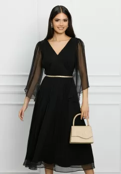 Rochie Leonard Collection neagra din matase cu banda aurie in talie imagine