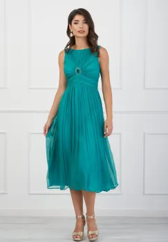 Rochie Leonard Collection turcoaz din matase naturala cu aplicatie la bust imagine