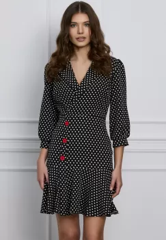 Rochie Leticia neagra cu buline si nasturi rosii pe fusta imagine