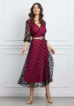 Rochie Liana magenta cu tull negru si buline din catifea imagine